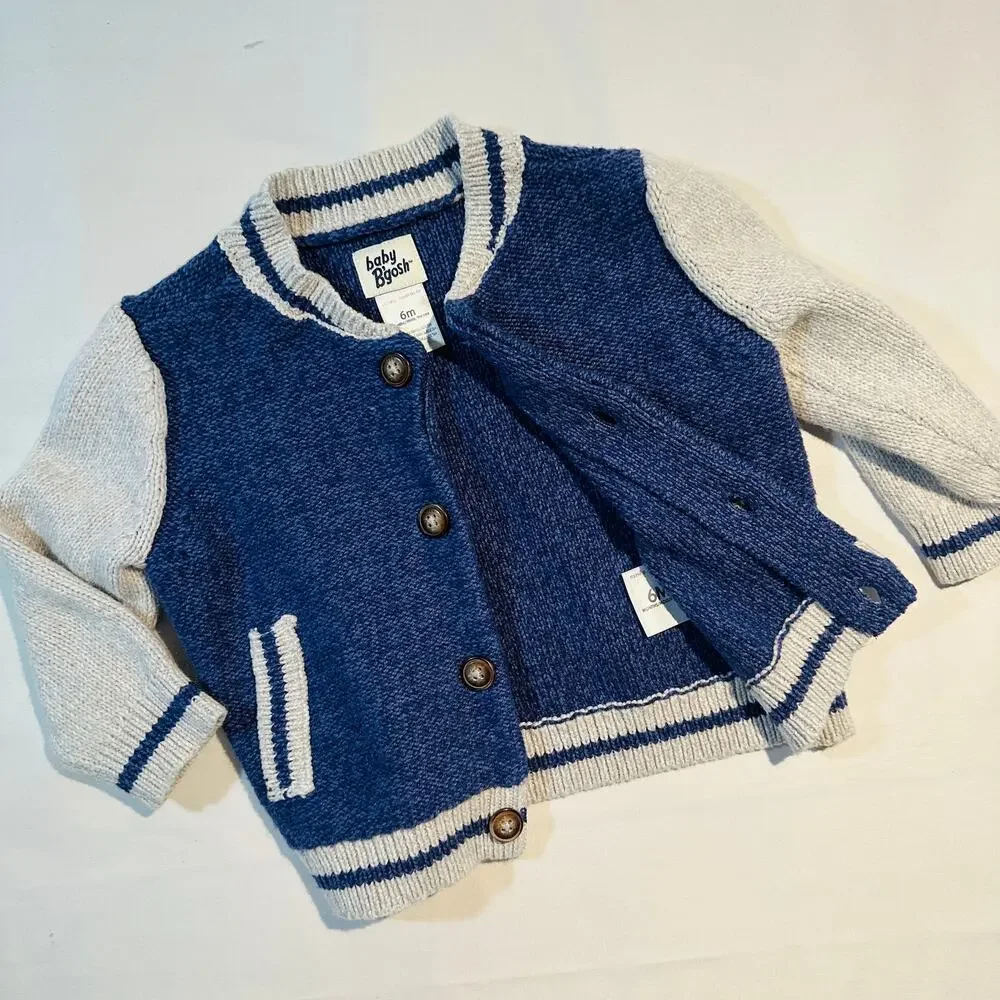 OshKosh B'gosh Baby Navy Jersey Knit Varsity Button-Down Sweater Sz 6m